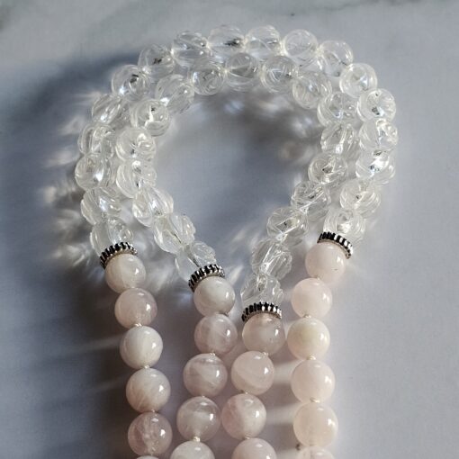 Rosenquarz-Bergkristall (Rosenperlen) -Mala mit Seidenquaste und Armband – Bild 12