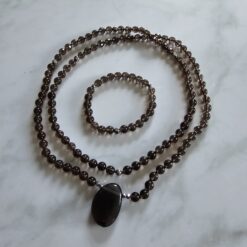 Rauchquarz-Mala (teilweise facettiert) mit Rauchquarz-Anhänger und Armband