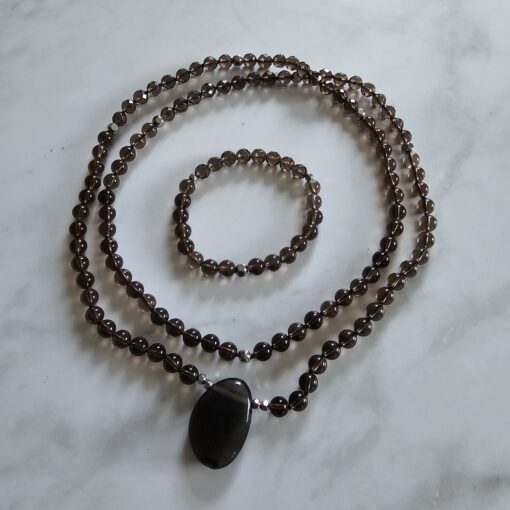 Rauchquarz-Mala (teilweise facettiert) mit Rauchquarz-Anhänger und Armband