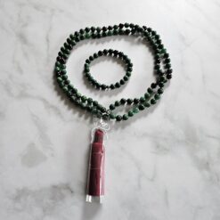 Budstone („Prasemquarz“) -Granat-Mala mit Seidenquaste und Armband