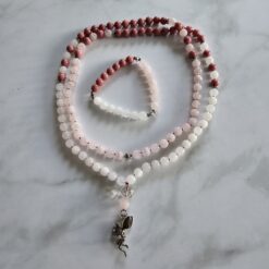 Rhodonit-Rosenquarz-Schneequarz-Mala mit Edelstahlanhänger und Armband