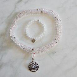 Bergkristall-Lotusperlen-Mala (1) mit Edelstahlanhänger und Armband