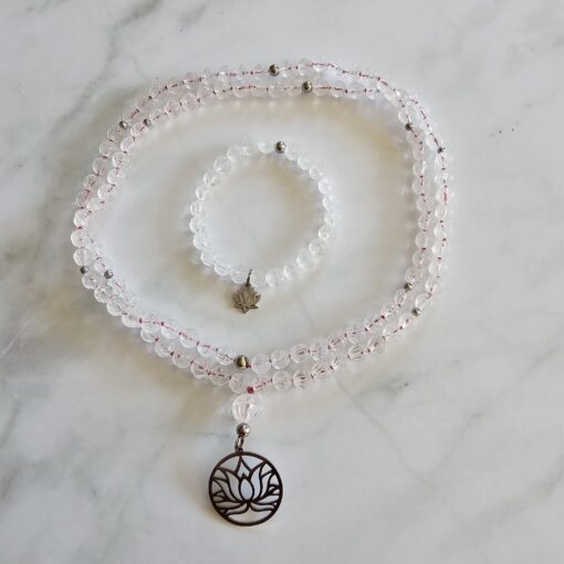 Bergkristall-Lotusperlen-Mala (1) mit Edelstahlanhänger und Armband