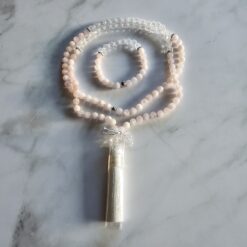 Rosenquarz-Bergkristall (Rosenperlen) -Mala mit Seidenquaste und Armband