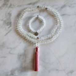 Bergkristall-Lotusperlen-Mala (2) mit Seidenquaste und Armband