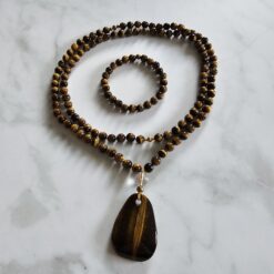 Tigeraugen-Messing-Mala mit Tigeraugen-Anhänger und Armband