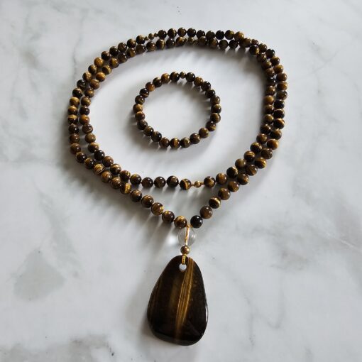 Tigeraugen-Messing-Mala mit Tigeraugen-Anhänger und Armband