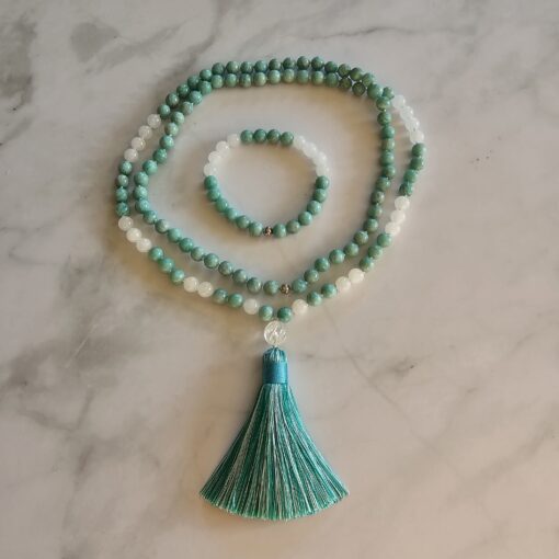 Amazonit-Schneequarz-Mala mit Seidenquaste und Armband