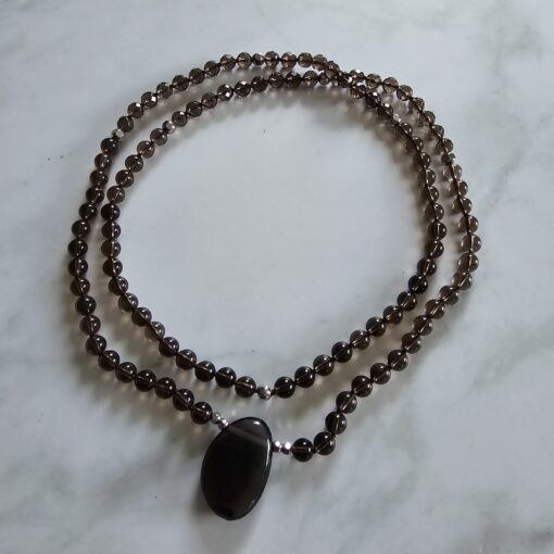 Rauchquarz-Mala (teilweise facettiert) mit Rauchquarz-Anhänger und Armband – Bild 3