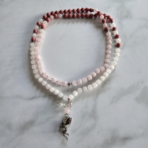 Rhodonit-Rosenquarz-Schneequarz-Mala mit Edelstahlanhänger und Armband – Bild 3