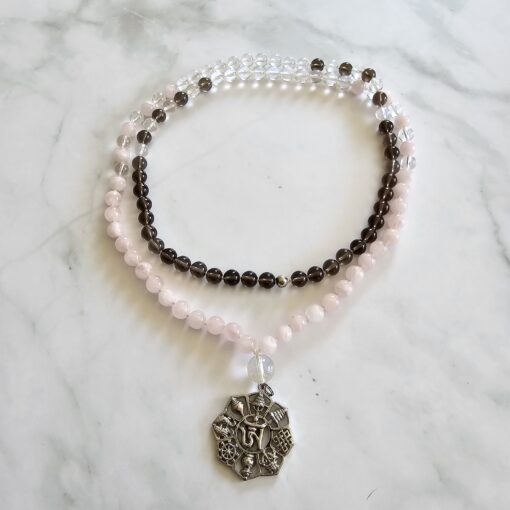 Bergkristall-Rauchquarz-Rosenquarz-Mala mit Edelstahlanhänger und Armband – Bild 3