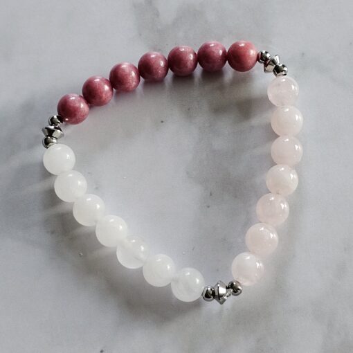 Rhodonit-Rosenquarz-Schneequarz-Mala mit Edelstahlanhänger und Armband – Bild 4