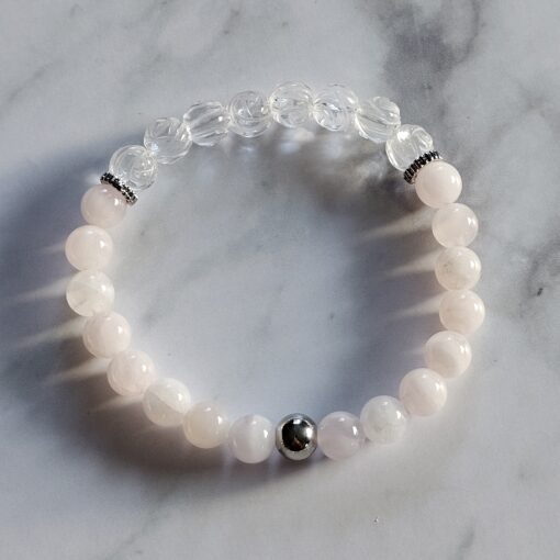 Rosenquarz-Bergkristall (Rosenperlen) -Mala mit Seidenquaste und Armband – Bild 4