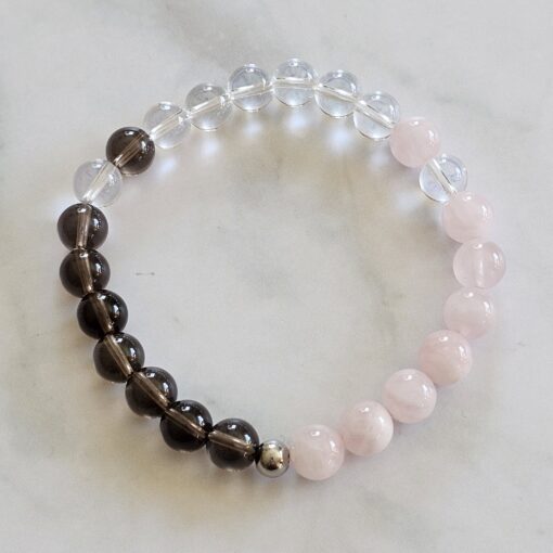 Bergkristall-Rauchquarz-Rosenquarz-Mala mit Edelstahlanhänger und Armband – Bild 4