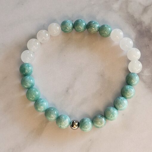 Amazonit-Schneequarz-Mala mit Seidenquaste und Armband – Bild 4