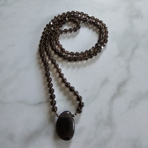 Rauchquarz-Mala (teilweise facettiert) mit Rauchquarz-Anhänger und Armband – Bild 5