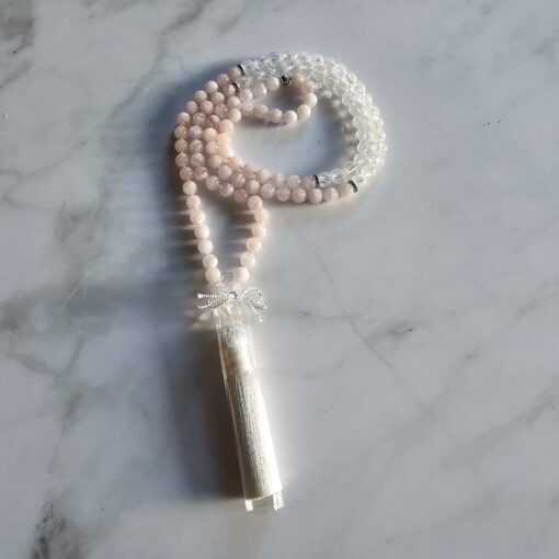 Rosenquarz-Bergkristall (Rosenperlen) -Mala mit Seidenquaste und Armband – Bild 5