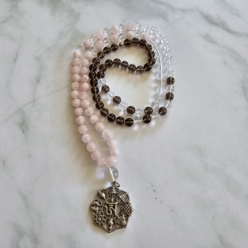 Bergkristall-Rauchquarz-Rosenquarz-Mala mit Edelstahlanhänger und Armband – Bild 5