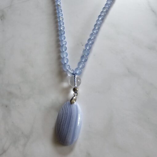 Chalcedon (blau) -Achat (weiß) -Mala mit blau gebändertem Chalcedon-Anhänger – Bild 6