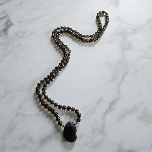 Rauchquarz-Mala (teilweise facettiert) mit Rauchquarz-Anhänger und Armband – Bild 6