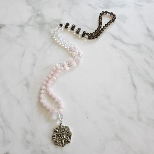 Bergkristall-Rauchquarz-Rosenquarz-Mala mit Edelstahlanhänger und Armband – Bild 6