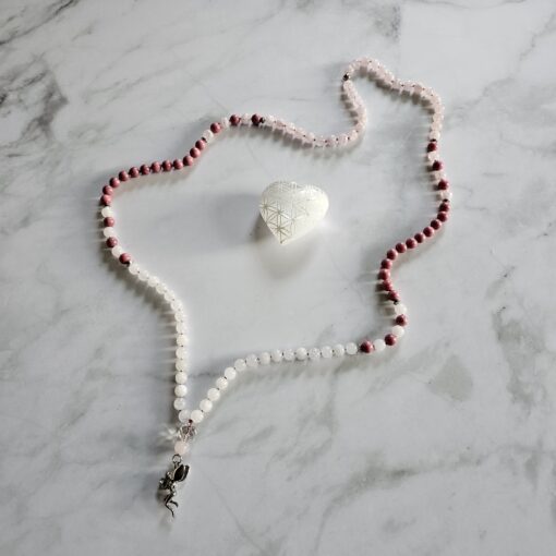 Rhodonit-Rosenquarz-Schneequarz-Mala mit Edelstahlanhänger und Armband – Bild 7