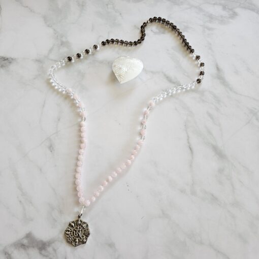 Bergkristall-Rauchquarz-Rosenquarz-Mala mit Edelstahlanhänger und Armband – Bild 7