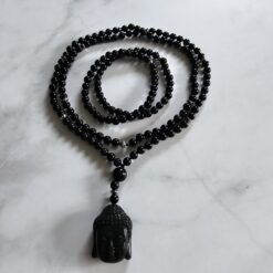 Obsidian („Regenbogen-Obsidian“) -Mala mit  „Regenbogen-Obsidian"-Anhänger (Buddha-Kopf) und 2 Armbändern