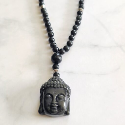Obsidian („Regenbogen-Obsidian“) -Mala mit  „Regenbogen-Obsidian"-Anhänger (Buddha-Kopf) und 2 Armbändern – Bild 10