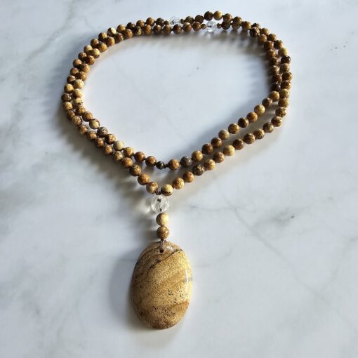 Jaspis („Landschaftsjaspis“) -Bergkristall-Mala mit hellerem „Landschaftsjaspis“-Anhänger und Armband – Bild 3