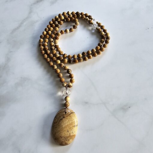 Jaspis („Landschaftsjaspis“) -Bergkristall-Mala mit hellerem „Landschaftsjaspis“-Anhänger und Armband – Bild 5