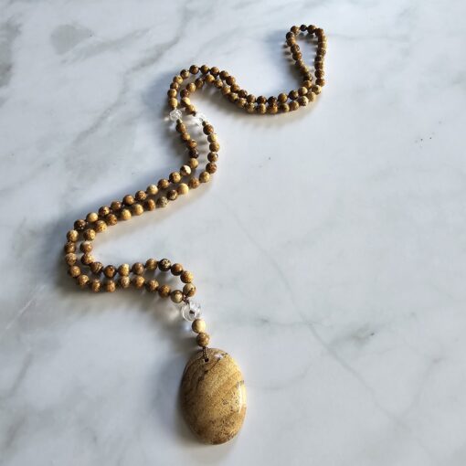 Jaspis („Landschaftsjaspis“) -Bergkristall-Mala mit hellerem „Landschaftsjaspis“-Anhänger und Armband – Bild 6