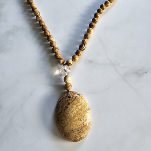 Jaspis („Landschaftsjaspis“) -Bergkristall-Mala mit hellerem „Landschaftsjaspis“-Anhänger und Armband – Bild 7