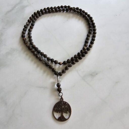 Opal (braun, brauner „Feuerspitzen“ Opal) -Mala mit kupferfarbenem Anhänger – Bild 3