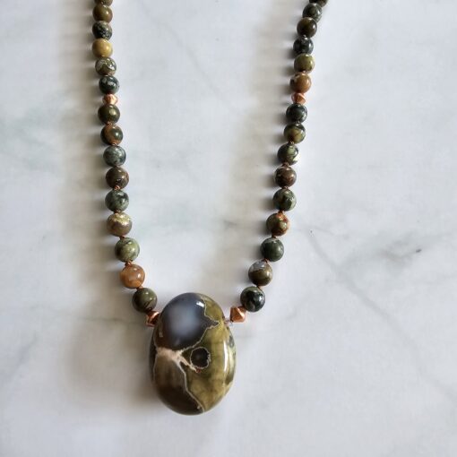 Meta-Rhyolith („Augenstein“, „Regenwaldstein“) -Kupfer-Mala mit „Regenwaldstein“-Anhänger – Bild 6