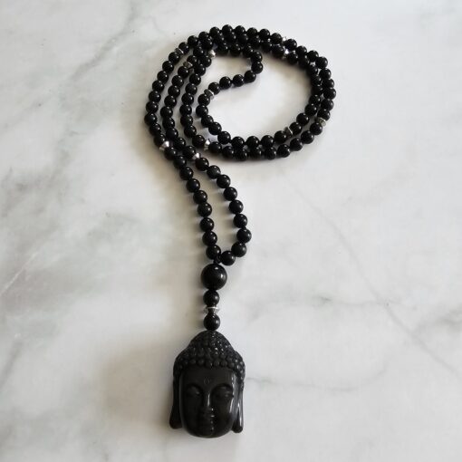 Obsidian („Regenbogen-Obsidian“) -Mala mit  „Regenbogen-Obsidian"-Anhänger (Buddha-Kopf) und 2 Armbändern – Bild 7