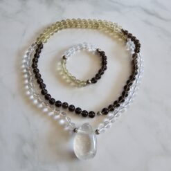 Bergkristall-Rauchquarz-Zitronenquarz-Mala mit Bergkristall-Anhänger und Armband