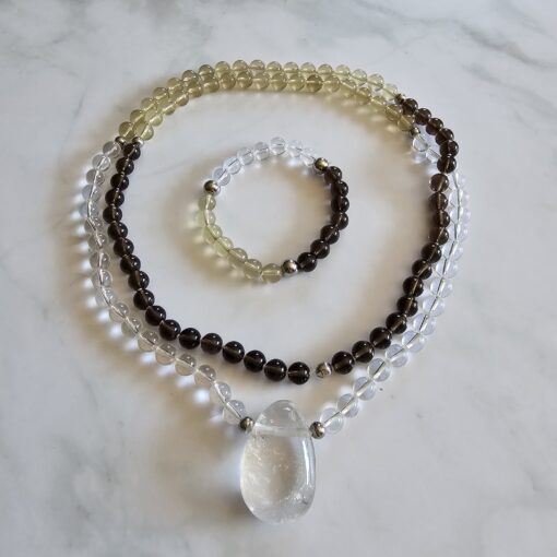 Bergkristall-Rauchquarz-Zitronenquarz-Mala mit Bergkristall-Anhänger und Armband