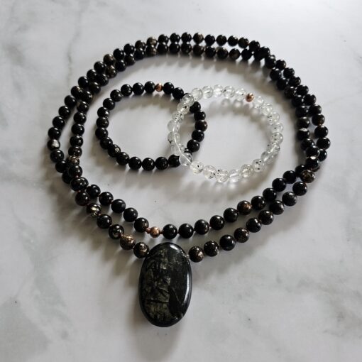 Biotit-Mala mit Biotit-Anhänger und 2 Armbändern