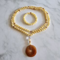 Calcit (gelb) -Kupfer-Mala mit orangefarbenem Aventurinquarz-Donut und Armband