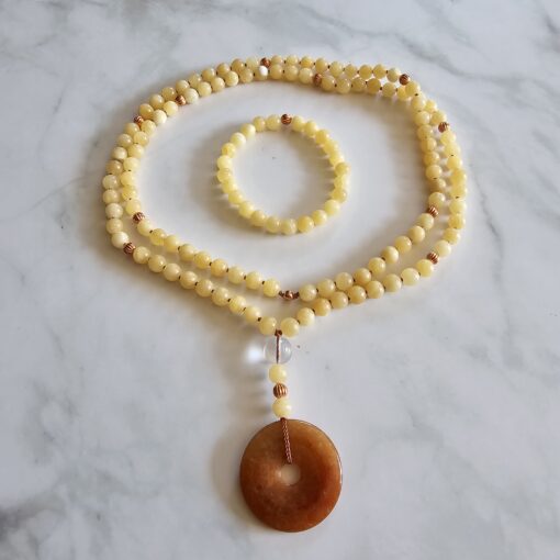 Calcit (gelb) -Kupfer-Mala mit orangefarbenem Aventurinquarz-Donut und Armband