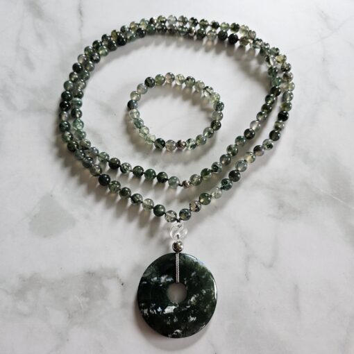 Moosachat (Chalcedon) -Mala mit Moosachat-Donut und Armband