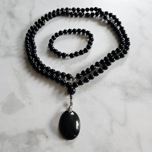 Obsidian („Regenbogen-Obsidian“) -Mala (3) mit „Regenbogen-Obsidian“-Anhänger und Armband