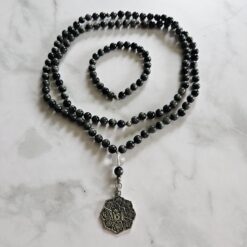 Quarz-Katzenaugen-Mala mit Edelstahlanhänger und Armband