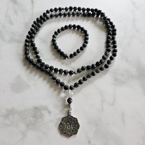 Quarz-Katzenaugen-Mala mit Edelstahlanhänger und Armband