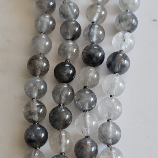 Bergkristall (dunkel, „Wolkenquarz“) -Mala mit Edelstahlanhänger und Armband – Bild 12