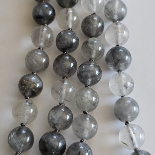 Bergkristall (dunkel, „Wolkenquarz“) -Mala mit Edelstahlanhänger und Armband – Bild 2