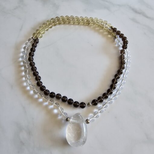 Bergkristall-Rauchquarz-Zitronenquarz-Mala mit Bergkristall-Anhänger und Armband – Bild 3