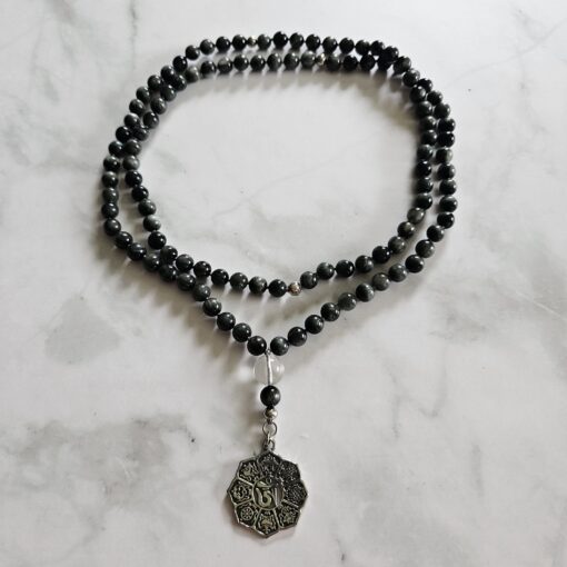 Quarz-Katzenaugen-Mala mit Edelstahlanhänger und Armband – Bild 3