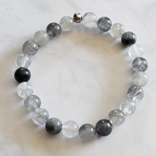 Bergkristall (dunkel, „Wolkenquarz“) -Mala mit Edelstahlanhänger und Armband – Bild 4